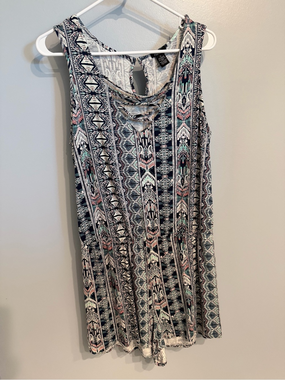Sleeveless Aztec Print Romper in Navy with Pink & Mint Accents